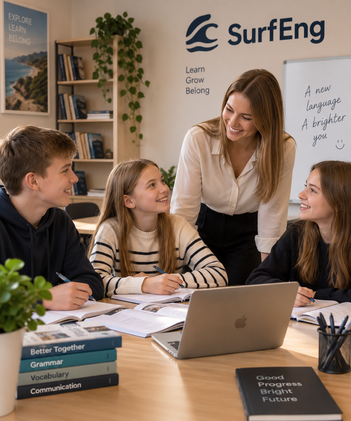 Teacher with smiling students in a SurfEng classroom